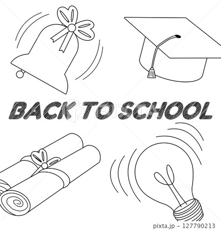 Coloring page with drawing of concept poster with back to school scene of bell, graduation cap, diploma scrolls, and light bulb. For entertaining kids activity, back to school black and white design. 127790213