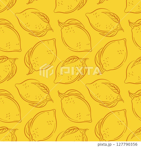 Seamless lemon pattern in line art style on yellow background. Hand drawn design for food packaging, kitchen wallpaper, wrapping paper and organic package. 127790356