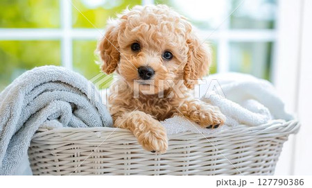 洗濯カゴでくつろぐ子犬のかわいらしさ 洗濯カゴでくつろぐ子犬のかわいらしさ 127790386