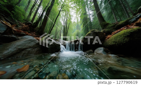 Serene forest waterfall flowing over mossy rocks 127790619