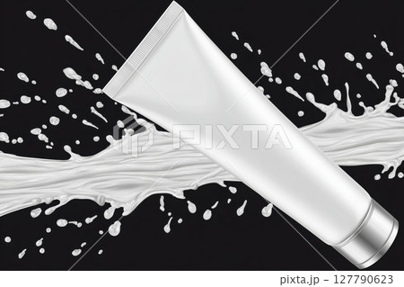 A white tube for cream on a background of white splashes. A white tube for cream on a background of white splashes. 127790623