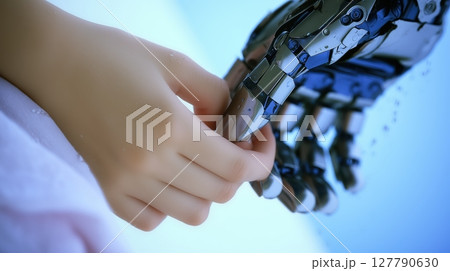The touch of a robot's hand to a person. Sci-fi. Technologies of the future 127790630