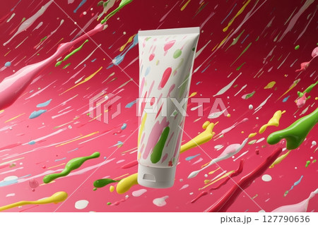 A white tube for cream on a background of colored splashes. A white tube for cream on a background of colored splashes. 127790636