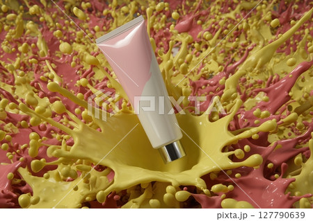 A white tube for cream on a background of colored splashes. A white tube for cream on a background of colored splashes. 127790639
