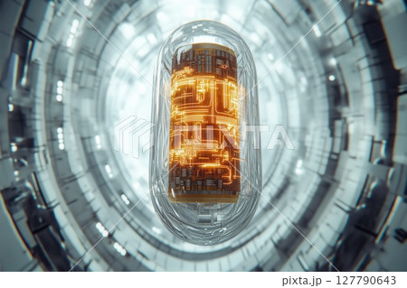 Microchip encased in a transparent glass capsule, glowing golden circuits Microchip encased in a transparent glass capsule, glowing golden circuits 127790643