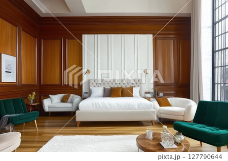 Modern stylish English bedroom, bed made of wood with white softheadboard and white bedding 127790644