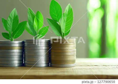 Stack of silver coins with green plants sprouting from them, glowing eco-friendly light 127790650