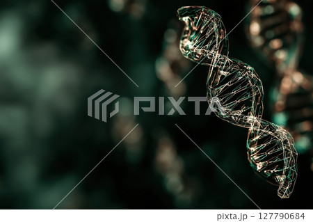 Holographic double helix DNA glowing in neon blue and green 127790684