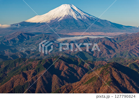 丹沢・檜洞丸から見る富士山と山中湖の朝霧 127790824