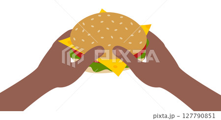Afro American Mens Hands Holding Cheese burger with vegetables and greens Fast Food Delivery design 127790851