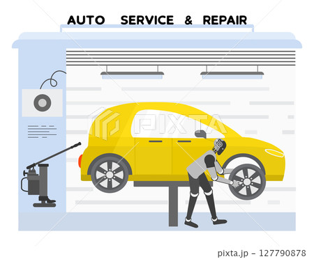 Auto service and repair center with mechanic working on yellow car illustration background Auto service and repair center with mechanic working on yellow car illustration background 127790878