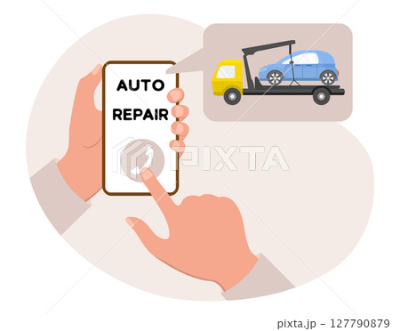 Auto repair concept with hands holding smartphone and tow truck illustration in speech bubble 127790879
