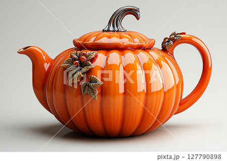 Ceramic teapot in shape of a orange pumpkin in a rustic style on a white background. Ceramic teapot in shape of a orange pumpkin in a rustic style on a white background. 127790898