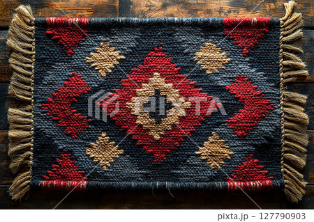 Handwoven rug texture with geometric print on a white background. Top view. 127790903
