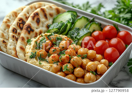 Plant based lunch box with hummus, roasted chickpeas, fresh veggie sticks and whole wheat pita bread on. 127790958