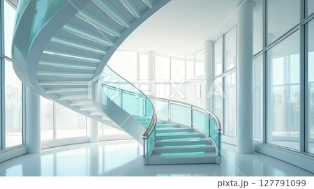 Modern spiral staircase in a bright glass-walled building creates an elegant architectural feature 127791099