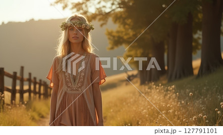 Boho-Chic Woman in Sunlit Meadow 127791101