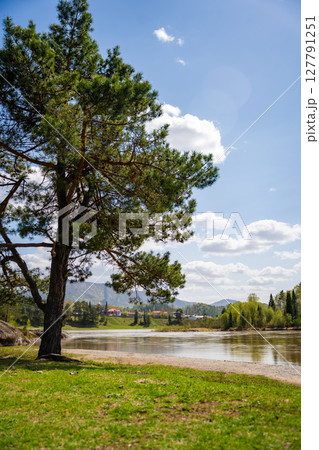 View from the Love Stone over the Biya River with the town of Turochak on the opposite bank. Concept of serenity, connection, and sacred places in wild Russian nature View from the Love Stone over the Biya River with the town of Turochak on the opposite bank. Concept of serenity, connection, and sacred places in wild Russian nature 127791251