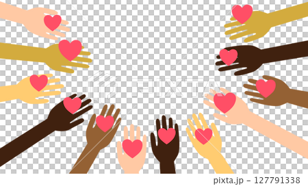 Illustration of hands of various skin tones holding a heart 127791338