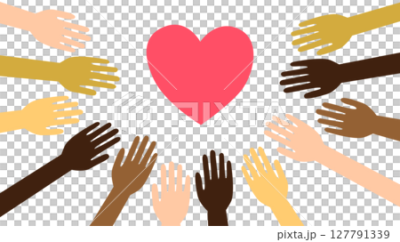 Illustration of hands of various skin tones reaching out towards a heart in the center Illustration of hands of various skin tones reaching out towards a heart in the center 127791339
