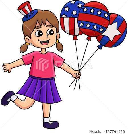 4th of July Girl Holding Balloons Cartoon Clipart  127791456