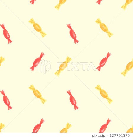 Watercolor hand drawn seamless pattern with candies on yellow background Watercolor hand drawn seamless pattern with candies on yellow background 127791570