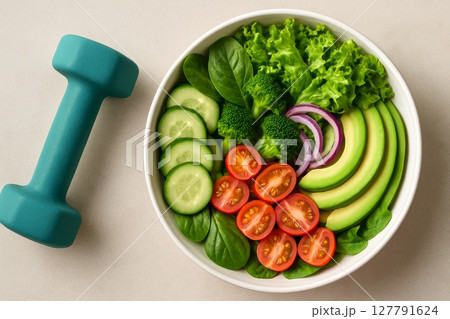 Healthy vegetable salad with avocado, tomato, cucumber, and dumbbell on light background, concept of fitness and nutrition 127791624