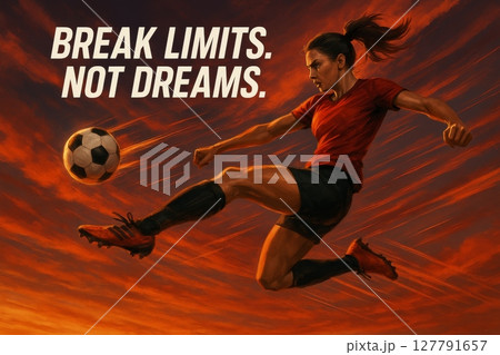 Female soccer player kicking ball in dynamic pose with inspirational quote on fiery sky background, digital painting style Female soccer player kicking ball in dynamic pose with inspirational quote on fiery sky background, digital painting style 127791657