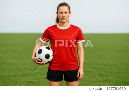 Female soccer player in red jersey holding ball on green field, looking at camera, outdoor sports portrait 127791660