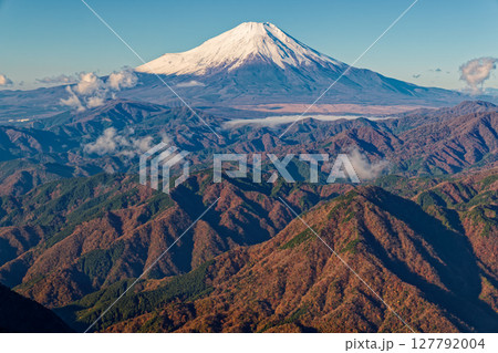 丹沢・檜洞丸から見る晩秋の山並みと富士山 127792004