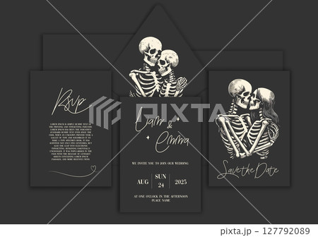 Wedding invitation with skeleton lovers. Save the date. Wedding illustration. Vector Illustration with Skulls of Bride and Groom. 127792089