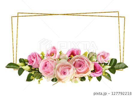Pink roses and eustoma flowers with yellow limonium in a line floral arrangement with golden geometric frame isolated on white Pink roses and eustoma flowers with yellow limonium in a line floral arrangement with golden geometric frame isolated on white 127792218