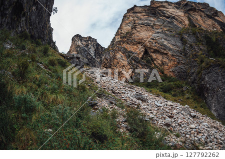 Steep cliff rocks leading to a high mountain top landscape Steep cliff rocks leading to a high mountain top landscape 127792262