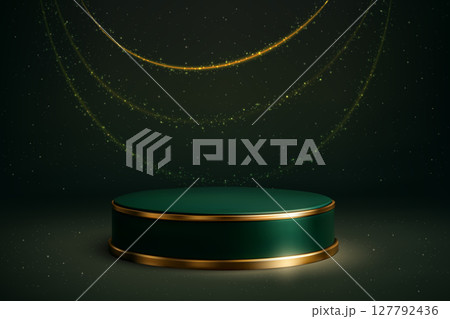 Green podium with golden edge on sparkling dark background Green podium with golden edge on sparkling dark background 127792436