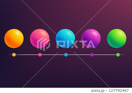 Futuristic neon timeline with five colorful glowing spheres Futuristic neon timeline with five colorful glowing spheres 127792467