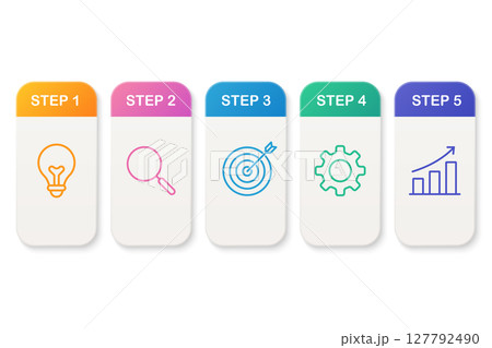 Five vertical modern steps with colored tabs and icons 127792490