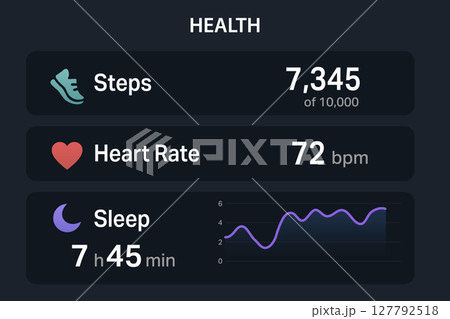 Fitness tracker interface displaying steps, heart rate, and sleep data. Fitness tracker interface displaying steps, heart rate, and sleep data. 127792518