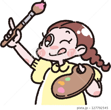 パレットと絵筆を持った女の子のイラスト 127792545