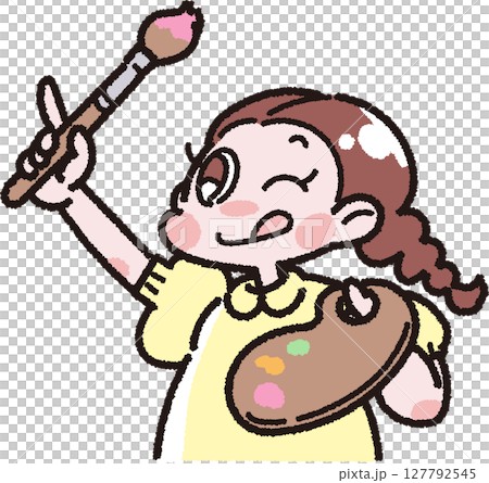パレットと絵筆を持った女の子のイラスト 127792545