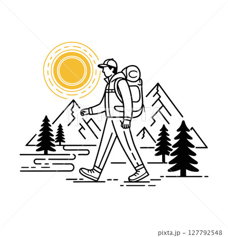 Hiking Man Walking in Mountain Landscape Line Art Illustration 127792548