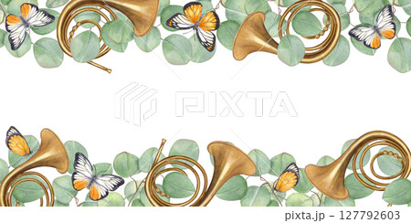 French horn, eucalyptus branches and fluing butterflies watercolor horizontal frame isolated background. Music floral border with copy space for text. For festival decor, concert invitation French horn, eucalyptus branches and fluing butterflies watercolor horizontal frame isolated background. Music floral border with copy space for text. For festival decor, concert invitation 127792603