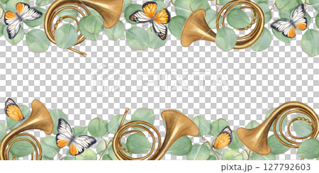 French horn, eucalyptus branches and fluing butterflies watercolor horizontal frame isolated background. Music floral border with copy space for text. For festival decor, concert invitation 127792603