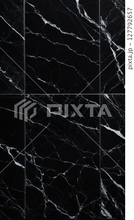 Black marble tiles with white veins, glossy surface with natural pattern, seamless texture for interior and architectural design 127792657