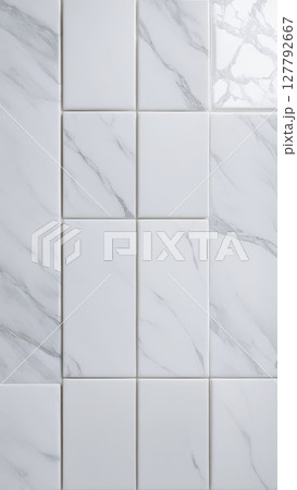 White marble ceramic tiles with subtle veining in geometric pattern. Modern interior wall design for bathroom or kitchen with glossy surface White marble ceramic tiles with subtle veining in geometric pattern. Modern interior wall design for bathroom or kitchen with glossy surface 127792667