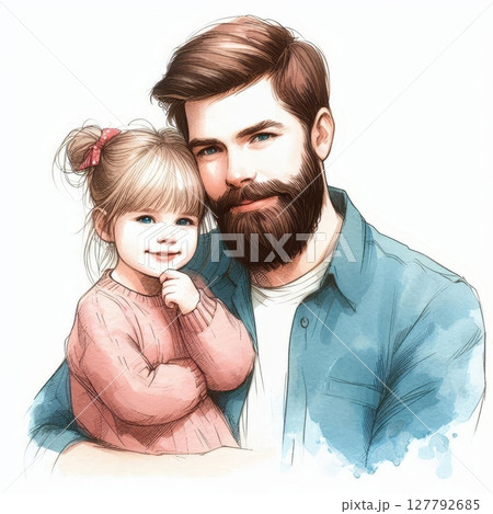 Father with beard and daughter in pink sweater smiling. Watercolor and pencil digital illustration of happy family moment Father with beard and daughter in pink sweater smiling. Watercolor and pencil digital illustration of happy family moment 127792685
