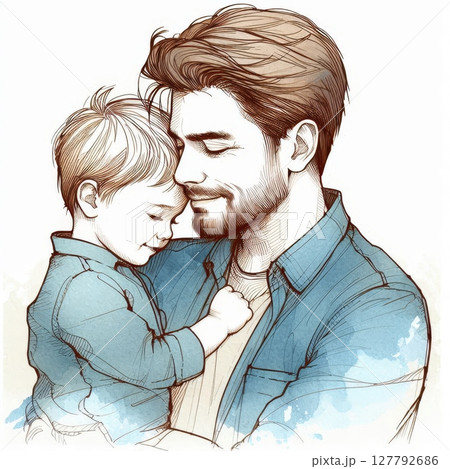 Father with beard embracing son in blue shirt. Watercolor and pencil digital illustration of love and family bond Father with beard embracing son in blue shirt. Watercolor and pencil digital illustration of love and family bond 127792686