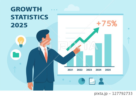 Flat vector illustration of businessman pointing at rising bar chart. Business growth, statistics, success, annual financial report 2025. Flat vector illustration of businessman pointing at rising bar chart. Business growth, statistics, success, annual financial report 2025. 127792733