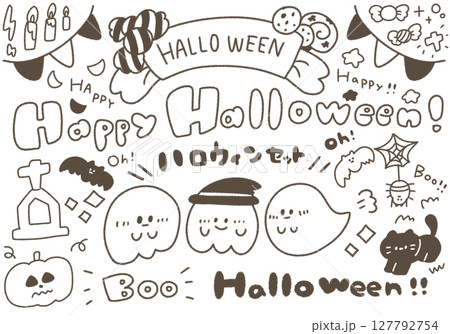 ハロウィンのゆるかわイラストセット (モノクロ) ハロウィンのゆるかわイラストセット (モノクロ) 127792754