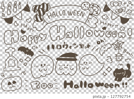 ハロウィンのゆるかわイラストセット (モノクロ) ハロウィンのゆるかわイラストセット (モノクロ) 127792754
