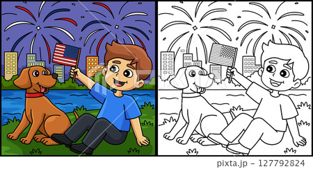 4th of July Boy Dog Watching Fireworks 4th of July Boy Dog Watching Fireworks 127792824